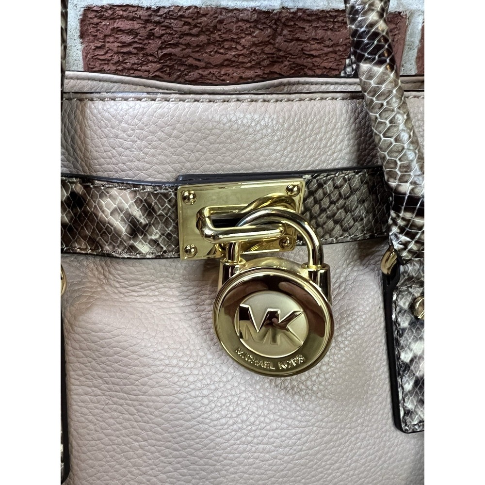 Michael Kors Hamilton Satchel Handbag Snakeskin Nude Leather Purse - Picture 3 of 9